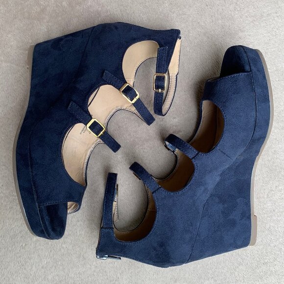 Journee Collection Navy Blue Microsuede Strappy Demi Wedges - Picture 9 of 16
